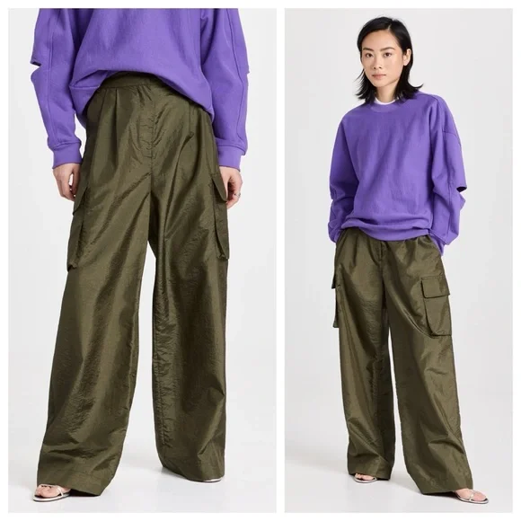 Tibi Stella Crispy Nylon Pleated Cargo Pant (Sz 12 Hemmed) Wide Leg Army Green - Picture 3 of 16